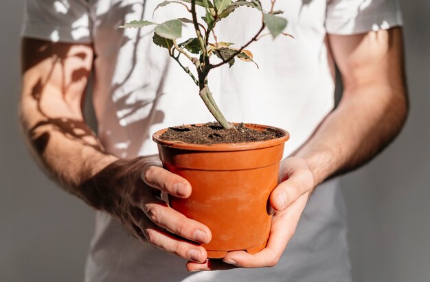 Vista frontal de um homem segurando um vaso de planta