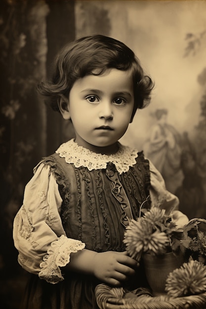 Vista frontal de um miúdo a posar para um retrato vintage