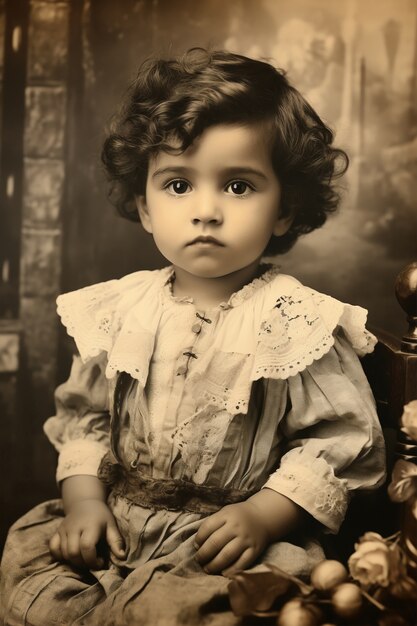 Vista frontal de um miúdo a posar para um retrato vintage