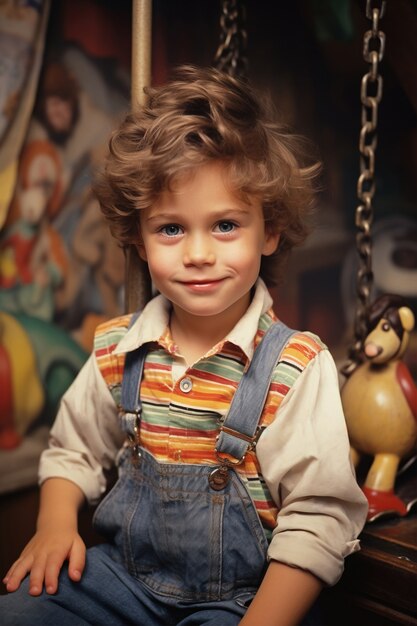 Vista frontal de um miúdo bonito a posar para um retrato vintage