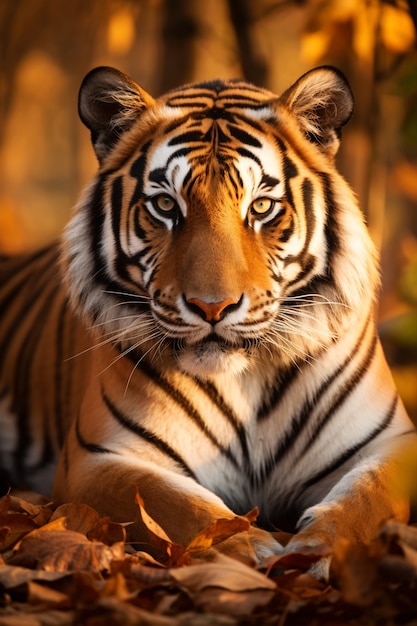 Vista frontal de um tigre selvagem na natureza