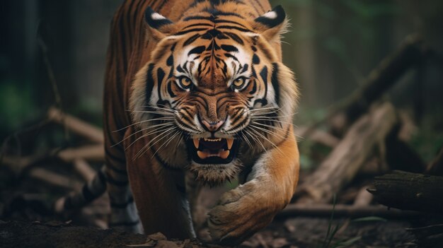 Vista frontal de um tigre selvagem na natureza