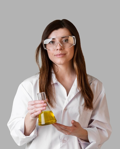 Vista frontal de uma cientista com óculos de segurança segurando um tubo de ensaio