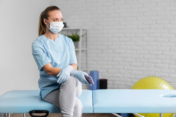 Foto grátis vista frontal de uma fisioterapeuta com máscara médica