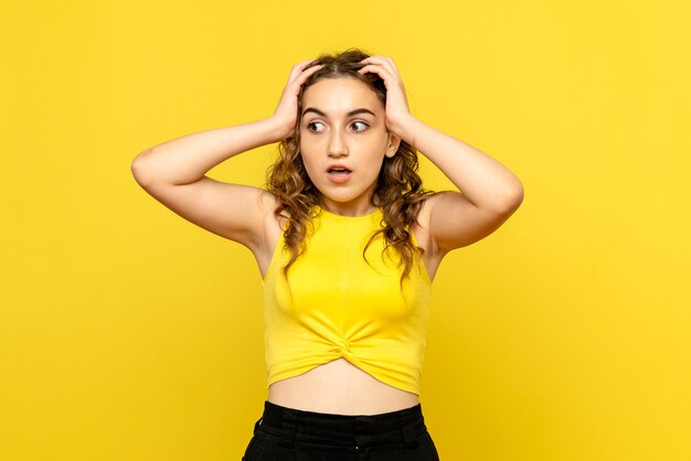 Vista frontal de uma jovem com expressão de surpresa na parede amarela