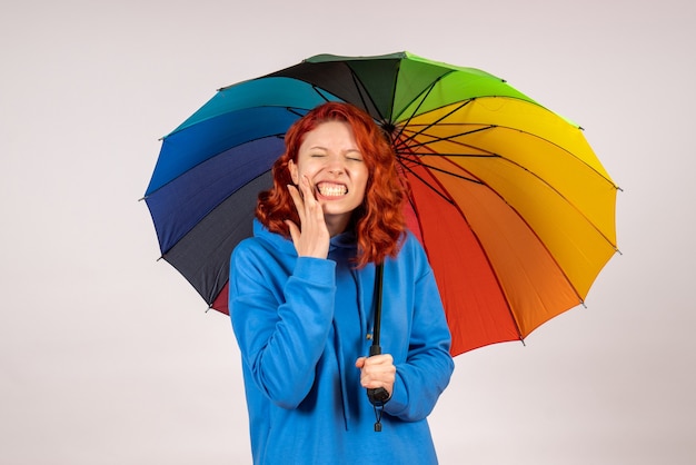 Vista frontal de uma jovem mulher com guarda-chuva colorido na parede branca
