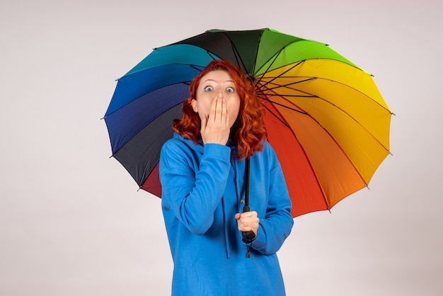 Vista frontal de uma jovem mulher com guarda-chuva colorido surpreso na parede branca