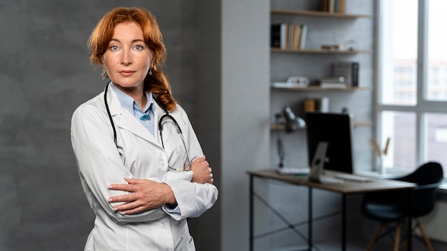 Foto grátis vista frontal de uma médica com estetoscópio posando no escritório