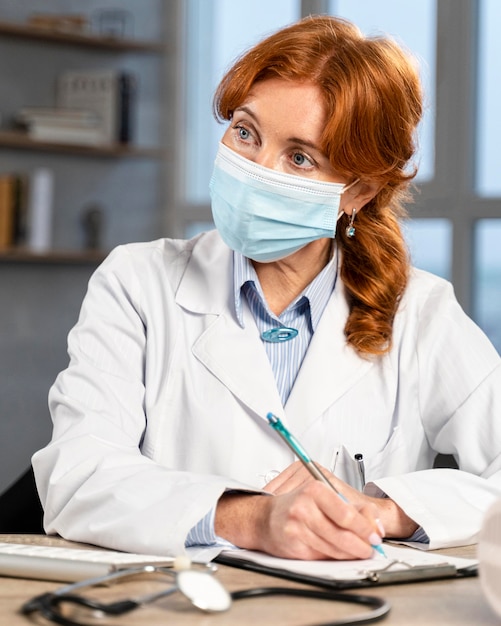 Vista frontal de uma médica com máscara médica em sua mesa, escrevendo uma receita