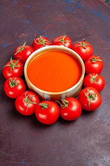 Vista frontal deliciosa sopa de tomate com tomates vermelhos frescos no espaço escuro