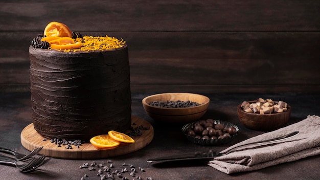 Vista frontal do conceito de bolo de chocolate delicioso
