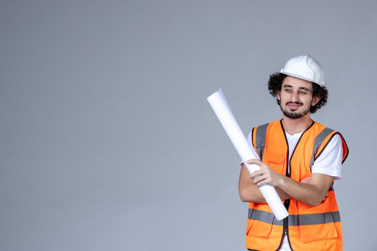 Foto grátis vista frontal do construtor masculino confiante em colete de advertência, usando capacete de segurança e segurando em branco na parede de onda cinza