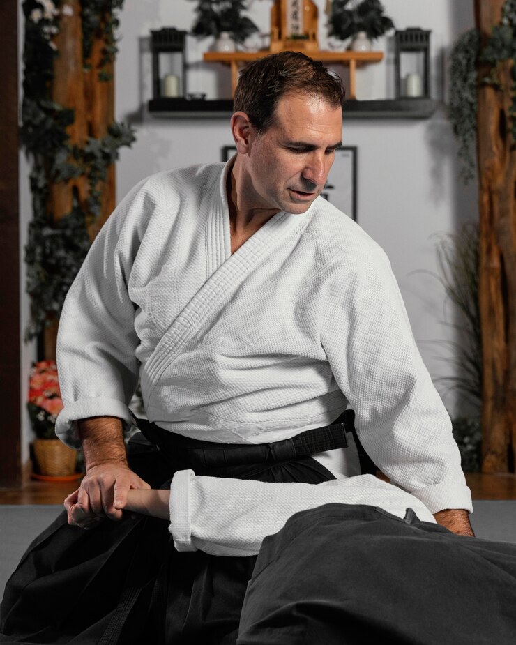 Foto grátis vista frontal do instrutor de artes marciais praticando com estagiária