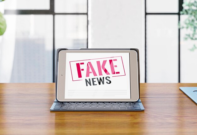 Vista frontal do laptop na mesa com notícias falsas