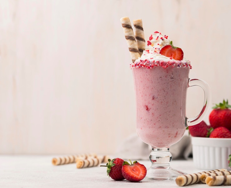 Foto grátis vista frontal do milkshake de morango com espaço de cópia