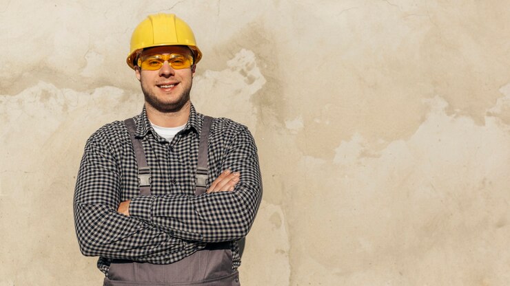 Foto grátis vista frontal do trabalhador masculino de uniforme com luvas de proteção e espaço de cópia