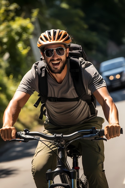 Vista frontal homem andando de bicicleta ao ar livre