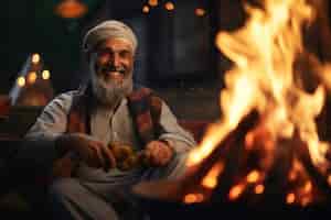 Foto grátis vista frontal homem islâmico ao lado do fogo