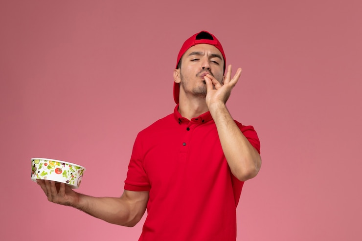 Foto grátis vista frontal jovem correio masculino com capa uniforme vermelha, segurando a tigela de entrega sobre fundo rosa claro.