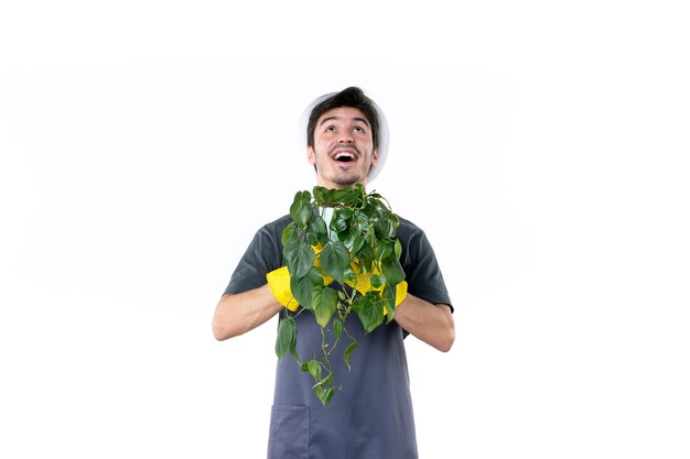 Vista frontal jovem jardineiro masculino segurando planta em fundo branco árvore de jardim trabalho de terra grama cor jardineiro flor