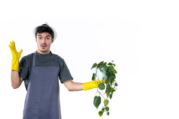 Vista frontal jovem macho em luvas amarelas segurando planta em fundo branco grama árvore terra trabalho verde jardim flor cor