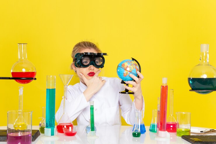 Foto grátis vista frontal, jovem química feminina em um terno branco com soluções de ed, verificando o globo com a máscara no espaço amarelo.