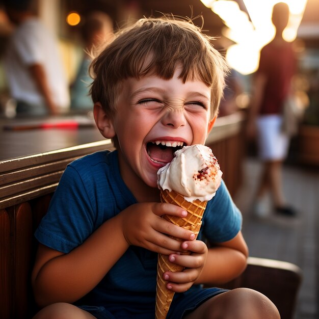 Vista frontal, menino, comendo sorvete