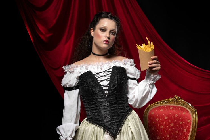 Foto grátis vista frontal mulher segurando batatas fritas