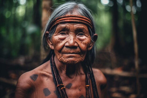 Vista frontal mulher velha com fortes características étnicas