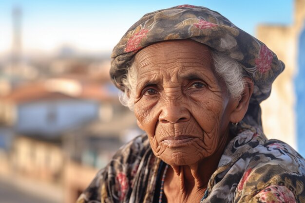 Vista frontal mulher velha com fortes características étnicas