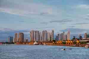 Foto grátis vista hipnotizante da paisagem urbana brasileira com um oceano sob um céu nublado