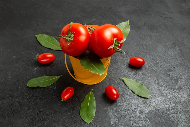 Vista inferior de um balde com tomates ao redor de tomates cereja e folhas de louro em fundo escuro