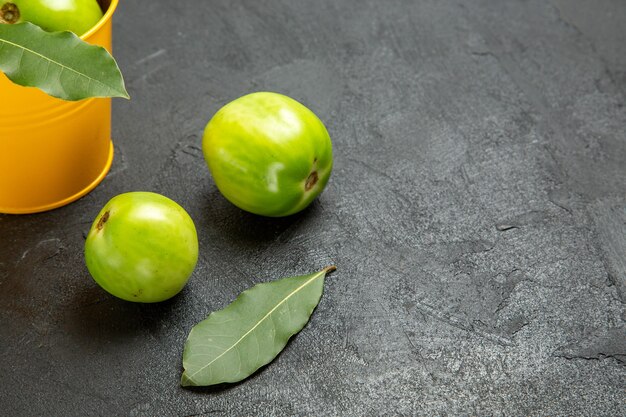 Vista inferior de um balde de tomates verdes e folhas de louro e tomates em fundo escuro