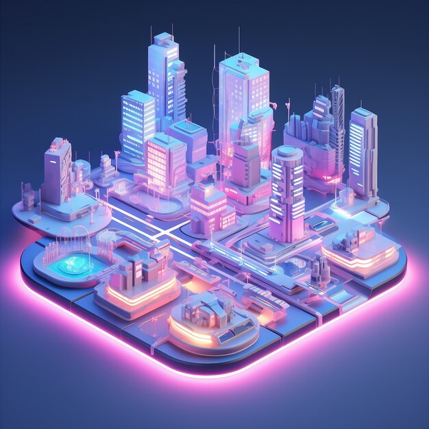 Vista isométrica na renderização 3D da cidade neon