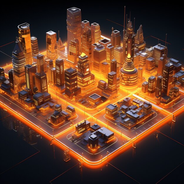 Vista isométrica na renderização 3D da cidade neon