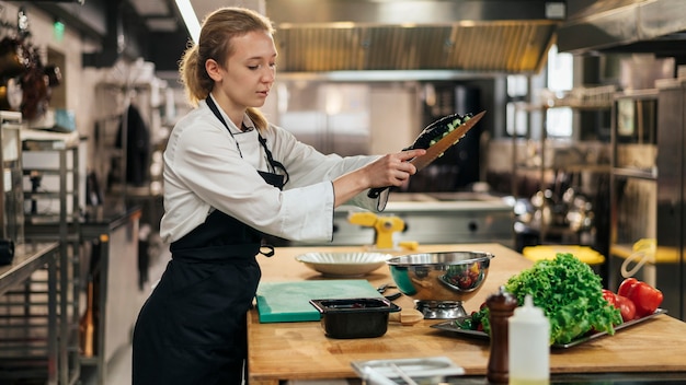 Vista lateral da chef feminina com avental cozinhando na cozinha