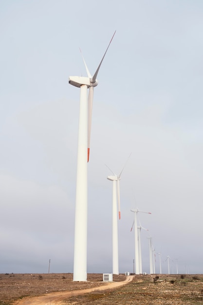 Vista lateral das turbinas eólicas no campo gerando energia