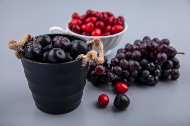 Vista lateral de frutas de abrunheiro roxo escuro em uma cesta preta com bagas de cornel em uma xícara e uvas isoladas em um fundo cinza