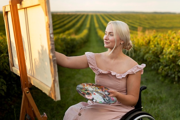 Vista lateral de mulher em cadeira de rodas pintando do lado de fora