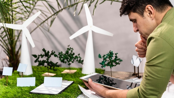 Foto grátis vista lateral de um homem usando um tablet ao lado de um layout de projeto de energia eólica ecologicamente correto