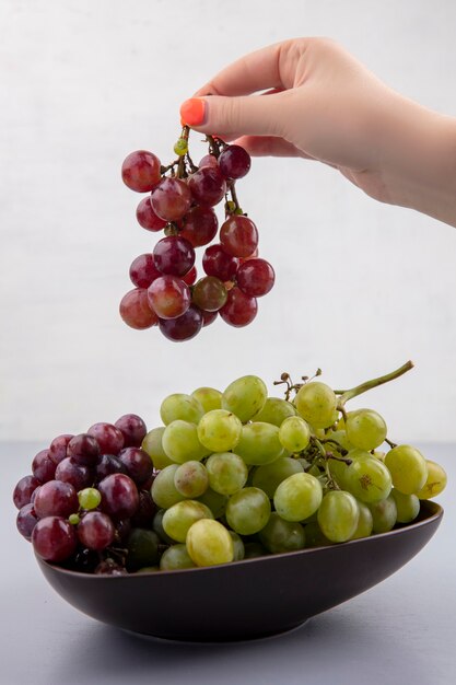 Vista lateral de uma mão feminina segurando um cacho de uva vermelha com uma tigela de uvas na superfície cinza e fundo branco