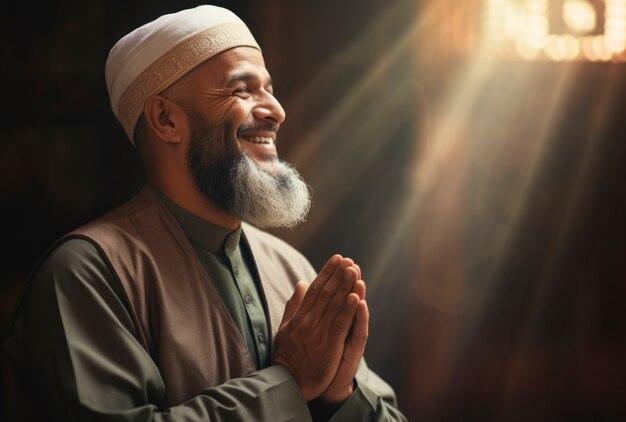 Vista lateral homem islâmico orando