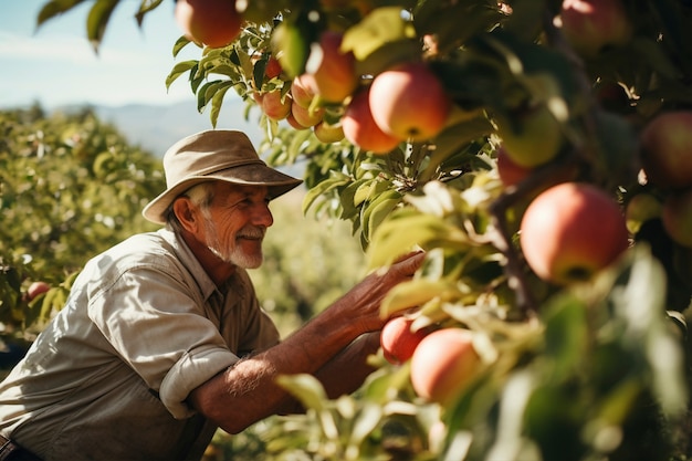 Vista lateral homem sênior colhendo maçãs