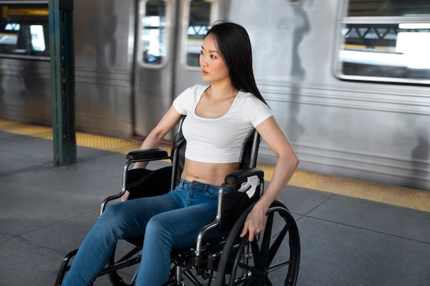 Vista lateral mulher com deficiência na estação de trem