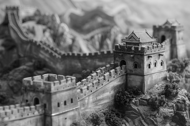 Vista monocromática da histórica Grande Muralha da China