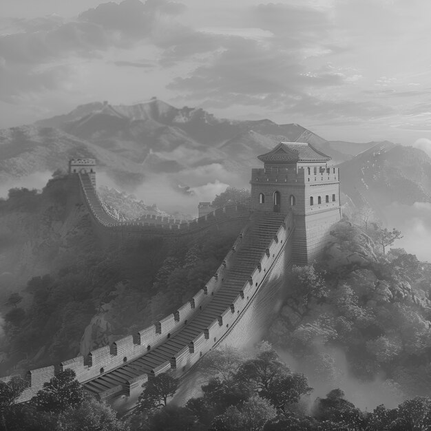 Vista monocromática da histórica Grande Muralha da China