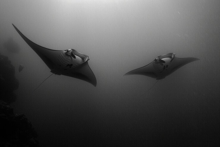 Foto grátis vista monocromática de um animal de raia manta debaixo d'água