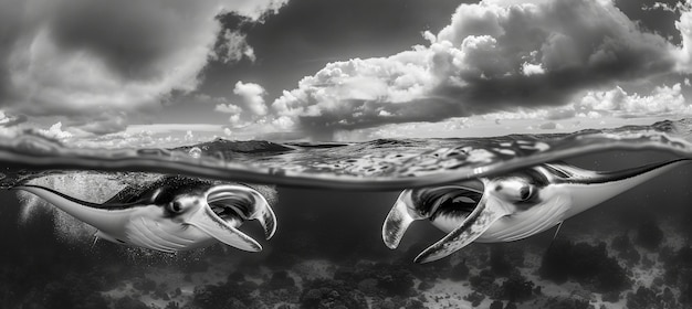 Foto grátis vista monocromática de um animal de raia manta debaixo d'água