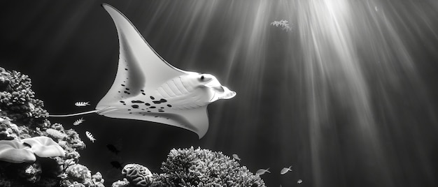 Foto grátis vista monocromática de um animal de raia manta debaixo d'água