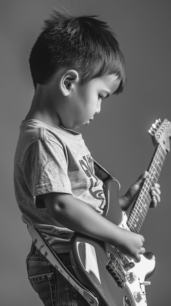 Vista monocromática de uma pessoa tocando guitarra elétrica